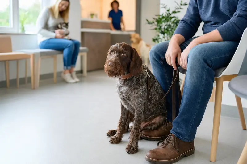 Ein Jura Niederlaufhund sitzt ruhig neben seinem Besitzer im hellen Wartezimmer einer modernen Tierarztpraxis.